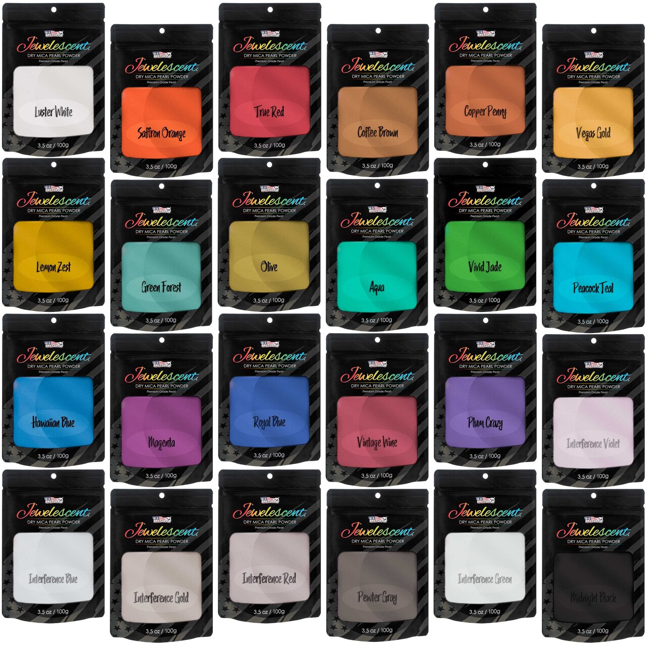 Jewelescent 24 Color Mica Pearl Powder Pigment Master Set Kit, 3.5 oz (100g) Sealed Pouches - Cosmetic Grade, Metallic Color Dye